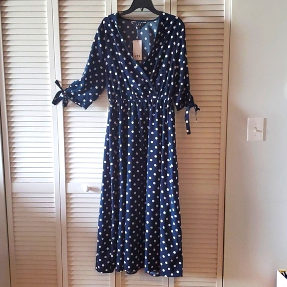 Long Tall Sally Navy Blue white polka dot tie sleeve midi dress US Size 10 - Picture 4 of 12